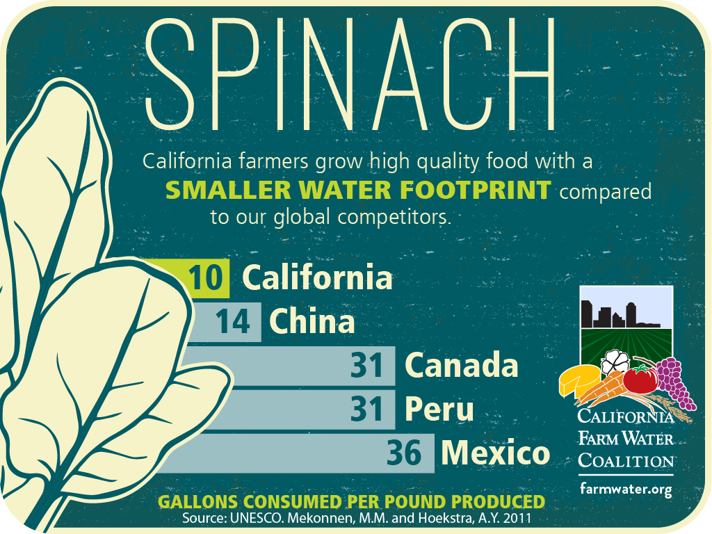 Spinach, california farmers grow high quality food with a smaller water footprint compared to our global competitors, 10 california, 14 china, 31 canada, 31 peru, 36 mexico, gallons consumed per pound produced.