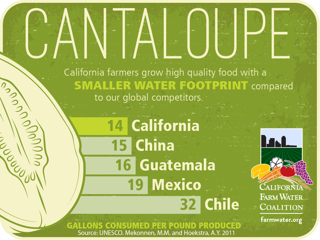 Cantaloupe, california farmers grow high quality food with a smaller water footprint compared to our global competitors, 14 california, 15 china, 16 guatemala, 19 mexico, 32 chile, gallons consumed per pound produced.